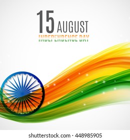 Indian Independence Day Background with Waves and  Ashoka Wheel. Vector Illustration
