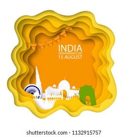 Indian independence day background White Origami Mosque.Paper cut Desert Cave Landscape. With Flags and Architecture in National Flag colors. Original design for decorative postcard, flyer, banner.