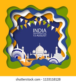 Indian independence day background White Origami Mosque.Paper cut Desert Cave Landscape. With Flags and Architecture in National Flag colors. Original design for decorative postcard, flyer, banner.