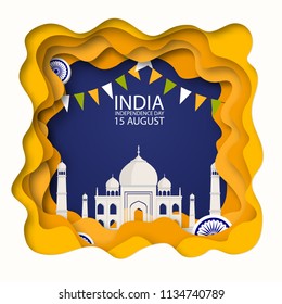 Indian independence day background White Origami Mosque.Paper cut Desert Cave Landscape. With Flags and Architecture in National Flag colors. Original design for decorative postcard, flyer, banner.