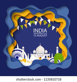 Indian independence day background White Origami Mosque.Paper cut Desert Cave Landscape. With Flags and Architecture in National Flag colors. Original design for decorative postcard, flyer, banner.
