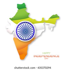 Indian Independence Day. Celebration background with Ashoka wheel. Republic Day. Origami Indian flag. India map silhouette. Paper cut Flyer design concept for 15th August. Applique Vector Illustration