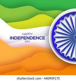 Indian Independence Day. Celebration background with Ashoka wheel. Republic Day. Origami Indian flag. Paper cut Flyer design concept for 15th August. Applique Vector Illustration