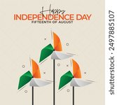 Indian Independence Day celebration banner with Realistic Tricolor Pinwheels. 15th of August poster template