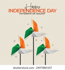 Anuncio de celebración del Día de la Independencia de la India con molinetes tricolores realistas. Plantilla del cartel del 15 de agosto