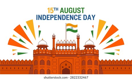 Indian independence day celebration banner. Red fort architecture illustration. Saffron white green colors. National holiday graphic.