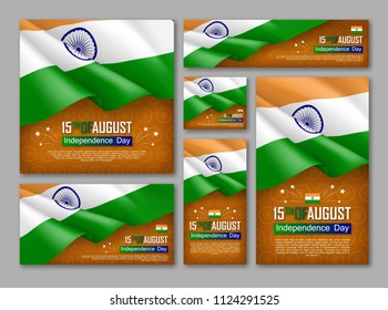 Indian Independence day celebration posters set. 15th of August felicitation greeting vector illustration. Realistic backgrounds with indian flag and ashoka wheel. Indian national patriotic holiday.