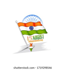 Indian Independence Day celebrations with 15th  August text and Ashoka Wheel, Flag