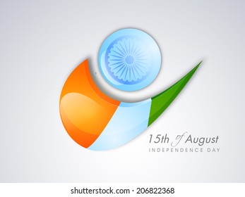 Indian Independence Day celebrations concept with Asoka Wheel and right sign in national tricolors on grey background. 