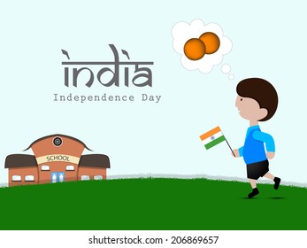 Indian Independence Day celebrations concept with cute little boy holding flag, running to school on nature background. 