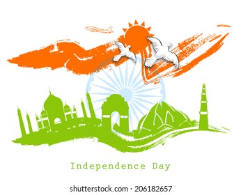 Indian Independence Day celebrations greeting card with famous monuments of India and ashoka wheel on white background. 