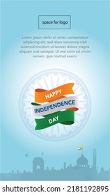 Indian Independence Day celebrations greeting card mokckup with stylish tri colour ribbon 15th August Ashoka Wheel indian monuments in silhouette. 