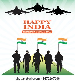 Indian Independence Day celebrations with soldiers, jets and flags