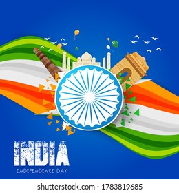 Indian Independence Day celebrations with stylish text, Flyer design of 15th August, vector illustration.