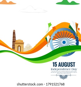 Indian Independence Day celebrations with stylish text 15 August text and Ashoka Wheel.
