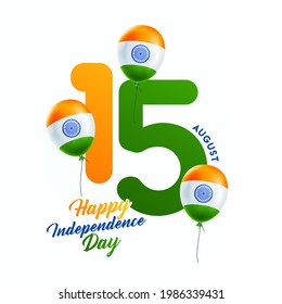 Indian Independence Day celebrations with stylish text 15 August text and tri color balloons.