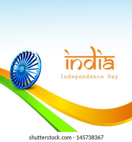 Indian Independence Day concept with 3D ashoka wheel on tricolors wave background.