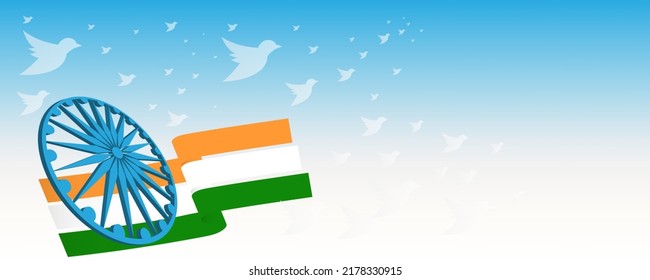 Indian Independence Day concept background with Ashoka wheel. Vector Illustration. 15th August on White Abstract Background. illustration of doves flying on Indian Flag for Indian Republic Day