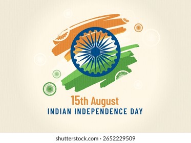 Indian Independence Day concept background. Vector illustration in minimalist style of banner template with brush strokes in Indian flag colors and Ashoka wheel. 