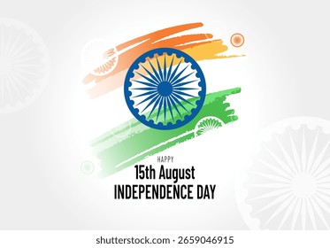 Fondo del concepto del Día de la Independencia de la India. Ilustración vectorial en estilo minimalista de Plantilla de Anuncio con pinceladas en colores de bandera india y rueda Ashoka. 