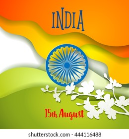 Indian Independence Day concept background with Ashoka wheel and flowers. Vector Illustration