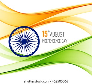 Indian Independence Day concept background with Ashoka wheel in national flag tricolors. Vector Illustration.