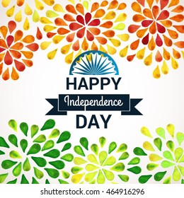 Indian Independence Day concept background with flag colors, Ashoka wheel and typographic emblem. Banner or card template. Vector Illustration