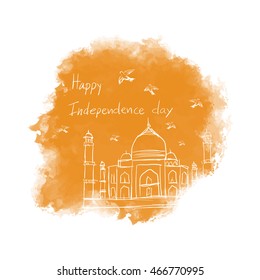 Indian Independence Day concept background with sketch drawing of Taj Mahal on watercolor drop. Vector Illustration format
