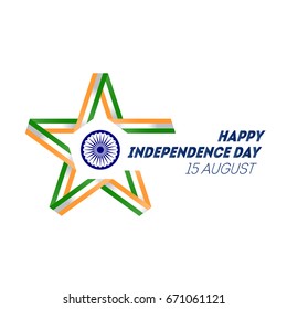 Indian Independence Day concept background with Ashoka wheel. Vector Illustration. Star made of ribbon in national flag colors and symbols.