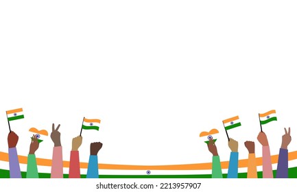 Indian Independence Day concept. Illustration of hands with India flags, indian flag hearts on white background. 71 years of Freedom indian society. Backdrop, background, web banner, made in vector.