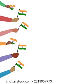 Concepto del Día de la Independencia de la India. Ilustración de manos con banderas indias, corazones de banderas indias con fondo blanco. 71 años de Libertad para la sociedad india. Fondo, fondo, banner web, hecho en vector.