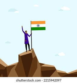 Indian Independence Day concept. Illustration of man with big India flag standing on the top of mountain on blue sky background. Freedom indian society. Backdrop, background, web banner