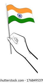 Indian Independence Day. Female hand gently holds the small flag of India with her fingers. Holiday design element. Vector on a white background