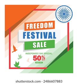 Indian Independence Day festival. Online sales offer discounts of up to 50%. Independence Day sale concept. Flat vector illustration.