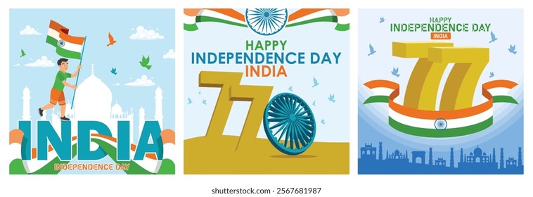 Indian Independence Day. Indian flag with Ashoka Chakra in the center. Commemorating India's Independence Day. Indian Independence Day concept. Set flat vector illustration.