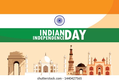 indian independence day with flag and buildings monuments