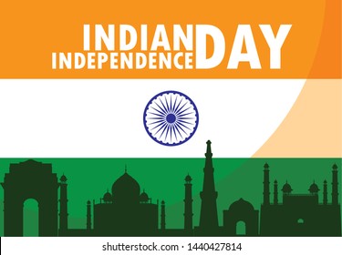 indian independence day with flag and buildings monuments