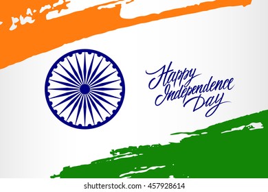 Indian Independence Day greeting card with Ashoka wheel and brush strokes in national flag colors. Greeting card. Vector Illustration.