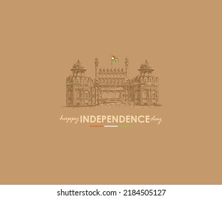 Indian independence day greeting concept with the illustration of historic monument Red fort in the background with tricolour flag.