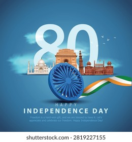 Indian Independence Day greeting featuring number 80, Ashoka Chakra, tricolor ribbon and famous national monuments. Patriotic August 15 freedom and heritage celebration illustration.