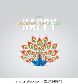 Indian independence day greeting with the paper craft style illustration of the national bird Peacock.