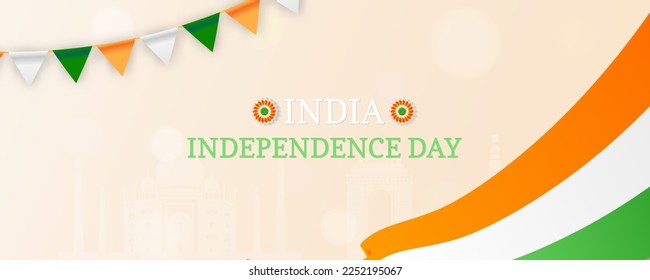 Indian Independence Day Happy Independence day of India. Vector banner with the Indian flag and confetti with Taj Mahal. Indian national holiday festive poster, banner, or greeting card design