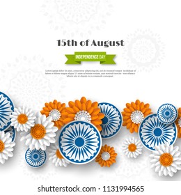 Indian Independence day holiday design. 3d wheels with flowers in traditional tricolor of indian flag. Paper cut style. White background. Vector illustration.