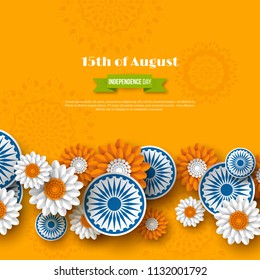 Indian Independence day holiday design. 3d wheels with flowers in traditional tricolor of indian flag. Paper cut style. Orange background. Vector illustration.