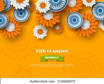 Indian Independence day holiday design. 3d wheels with flowers in traditional tricolor of indian flag. Paper cut style. Orange background. Vector illustration.