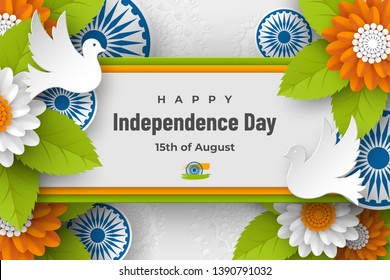 Indian Independence day holiday design. 3d wheels, doves, flowers with leaves in traditional tricolor of indian flag. Paper cut layered art. Vector illustration.