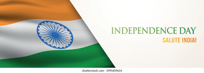 Cartel de bienvenida horizontal del Día de la Independencia de la India. Fiesta nacional india 15 de agosto. Vector 3D ondeando la bandera india.