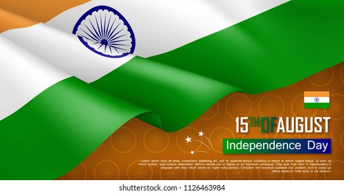 Indian Independence day horizontal web banner. Patriotic background with realistic waving indian flag and ashoka wheel. National traditional holiday vector illustration. India republic day celebrating
