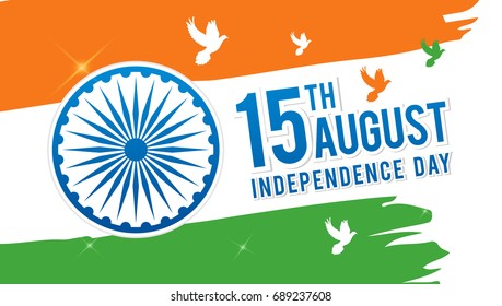 Indian Independence Day on August 15th Vector illustration, Indian flag with birds and watercolor brush stroke background.