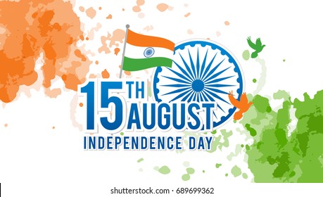 Indian Independence Day on August 15th Vector illustration, Indian flag and Ashoka chakra wheel(spinning wheel) with birds on watercolor splash background.